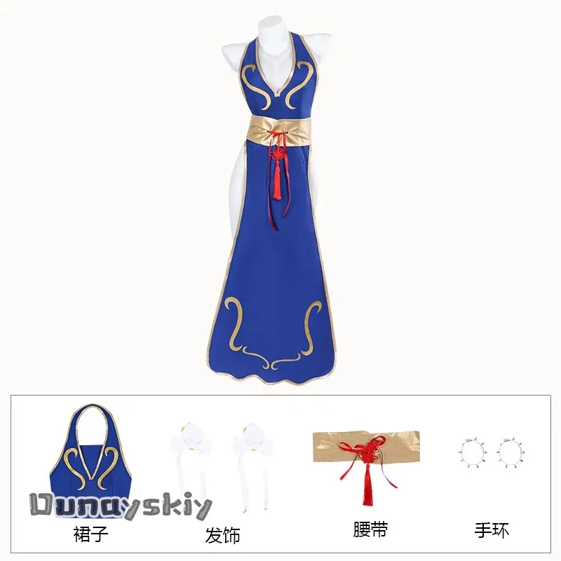 

COSda@Chun Li Game Street Cosplay Costume Blue/Black Girl Battle Costume Chinese Style Cheongsam Woman Adult Wig Prop COS SuitsC