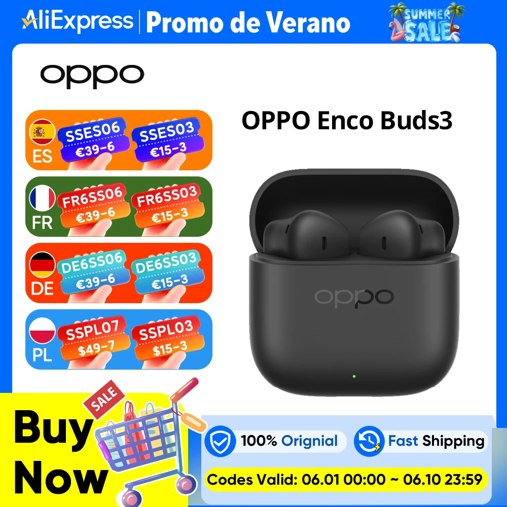 Global Version earphone OPPO Enco Buds3 Wireless Bluetooth 5.4 Earbuds, 48 Hours Battery, AI Noise Cancellation, 12.4 mm Diaphra
