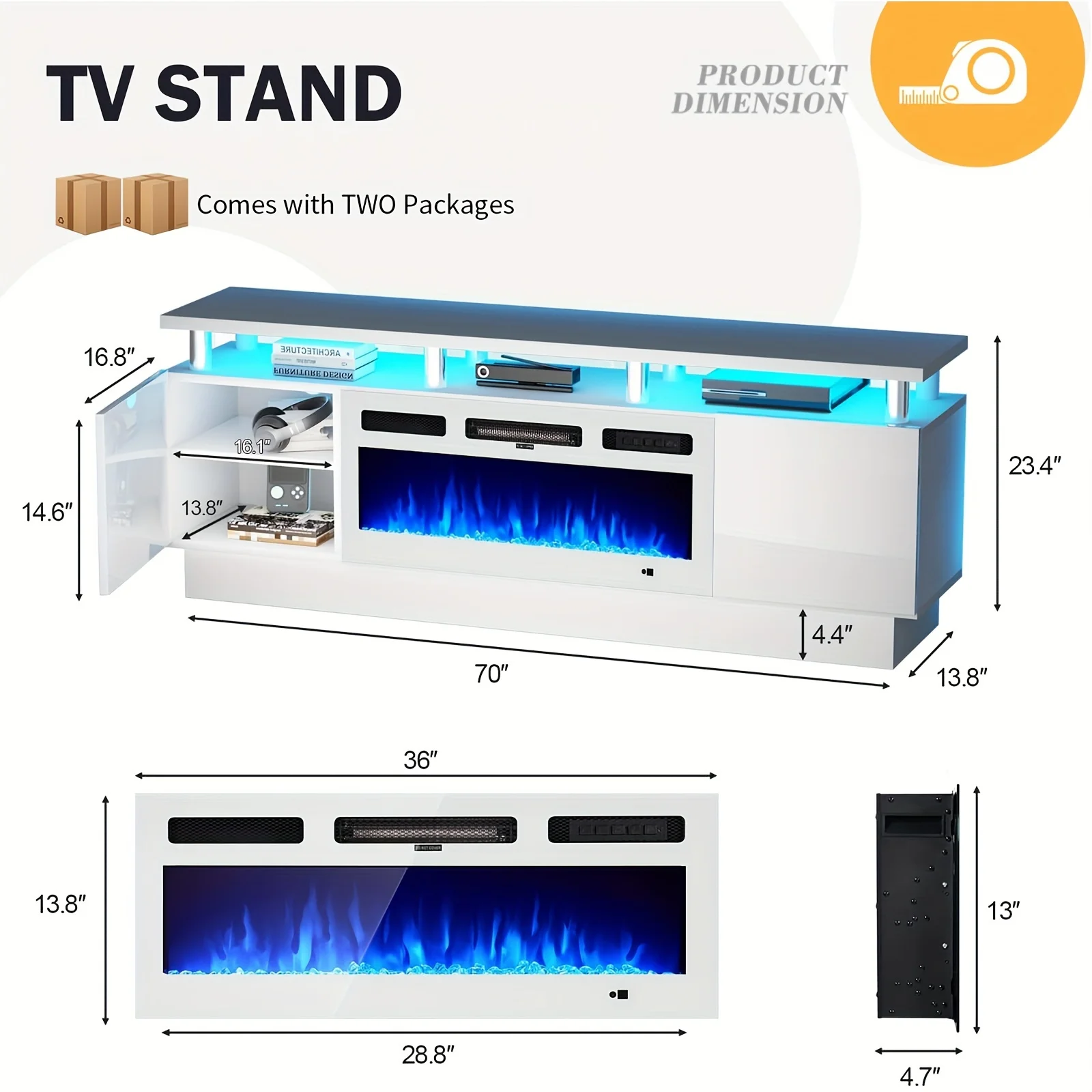 Fireplace TV Stand With 36" Electric Fireplace, 70" 2 Tier TV Console Stand For TVs Up To 80", LED Light Entertainment Center, F