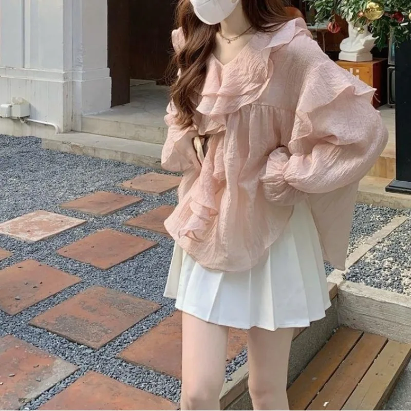 2024 Women\'s Blouses Summer New Pullover V-neck Patchwork Ruffles Fashion Solid Flare Sleeve Loose Casual Long Sleeved Shirts