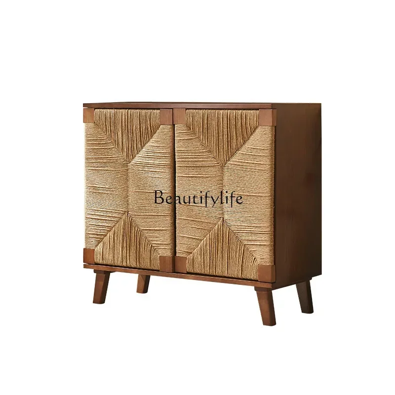 

LD6Nordic solid wood rattan Japanese simple storage cabinet living room porch rack tea cabinet