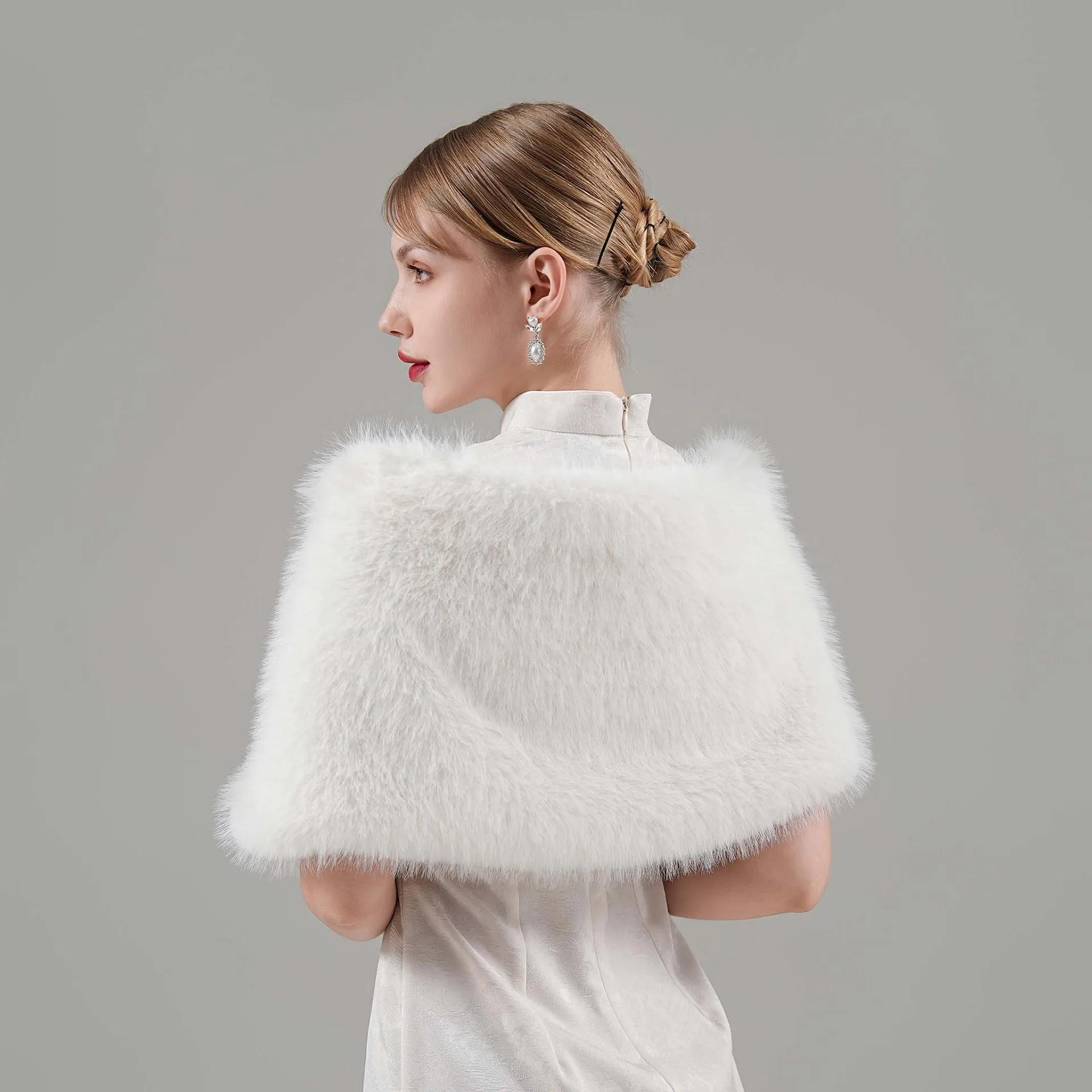 Elegant Faux Fur Bolero Shawl with Satin Bow for Bride Women Wedding Wrap Bridal Cape Formal Dress Cheongsam Winter Outerwear