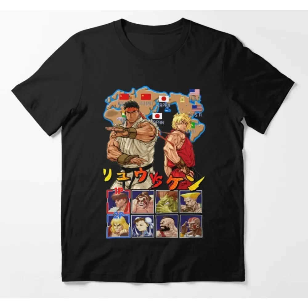 Street Fighter Character Map Print T-shirt Men Retro Game Short Sleeve Trendy High Quality Pure Cotton Loose Casual Streetwear