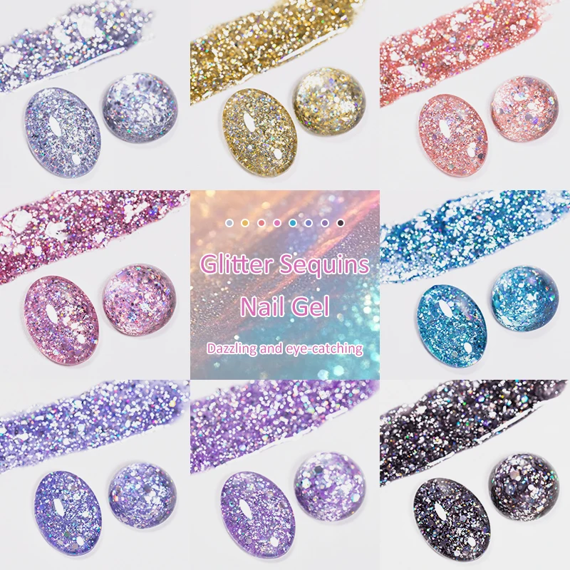 7ml Glitter Paillettes Gel Smalto per unghie Sparkle Argento Oro Rosa Nero Lucido Gel olografico Smalto Soak Off UV LED Unghie curate Art