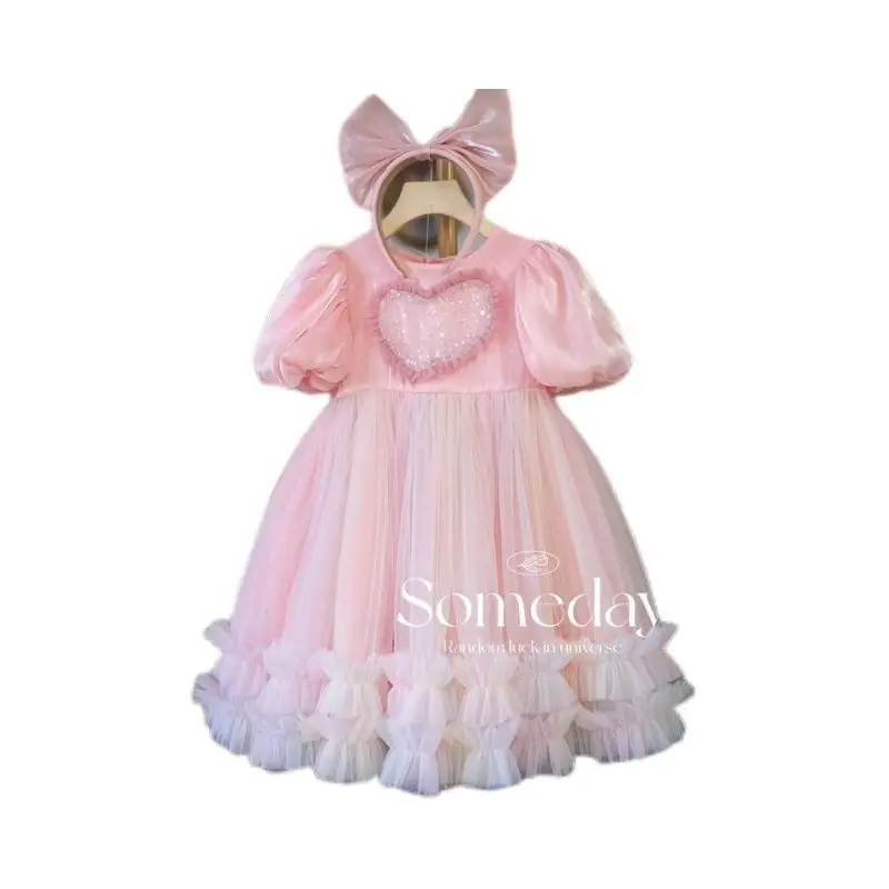 

Girls' Dress2024Summer Princess Dress Children's Bubble Sleeve Mesh Dress Baby Performance Yarn Skirt Fashion