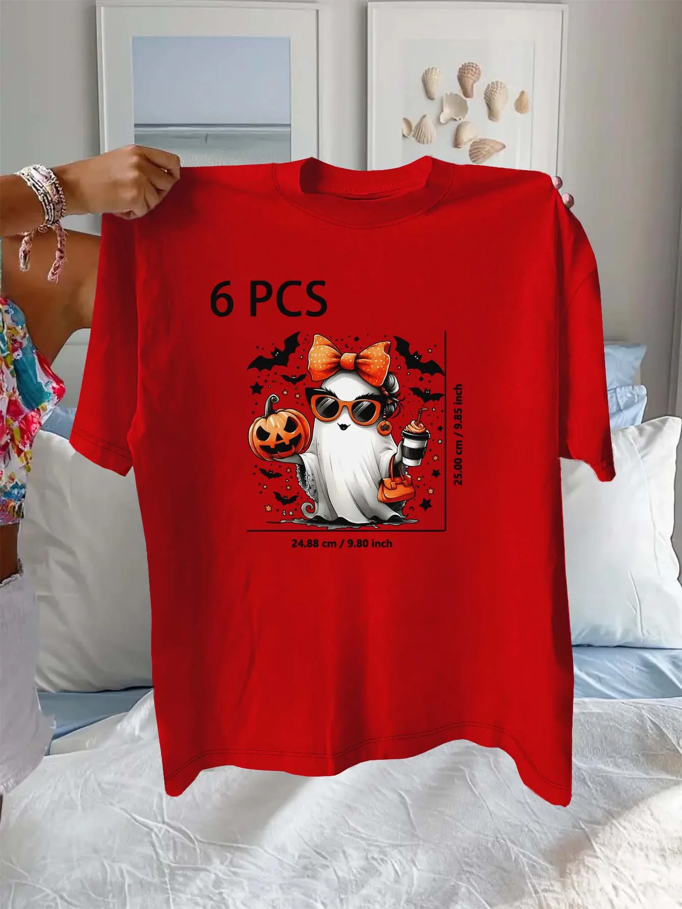 

Plus Size Stylish Halloween Ghost Design Featuring Bow Sunglasses And Pumpkin Elegant Outfit