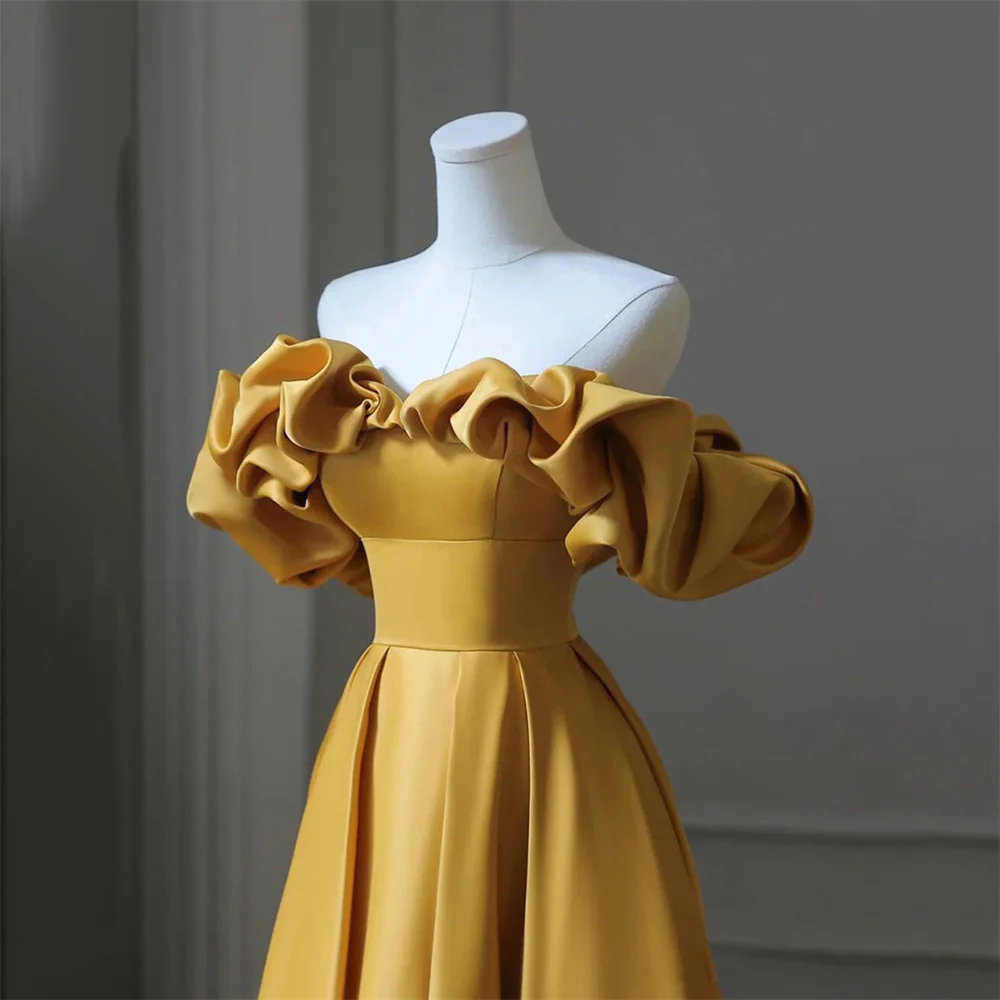 Lily Yellow Stain Charming Prom Dress Gown Ruched Off the Shoulder Formal Gown A Line Custom Size Evening Gown vestidos de noche