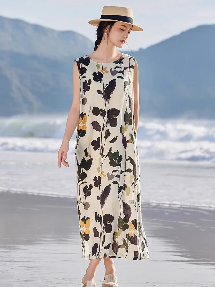 

High-End Linen Floral Print Dress Women Summer 2025 Loose Slimming Cotton Linen Sleeveless Beach Travel Long Dress