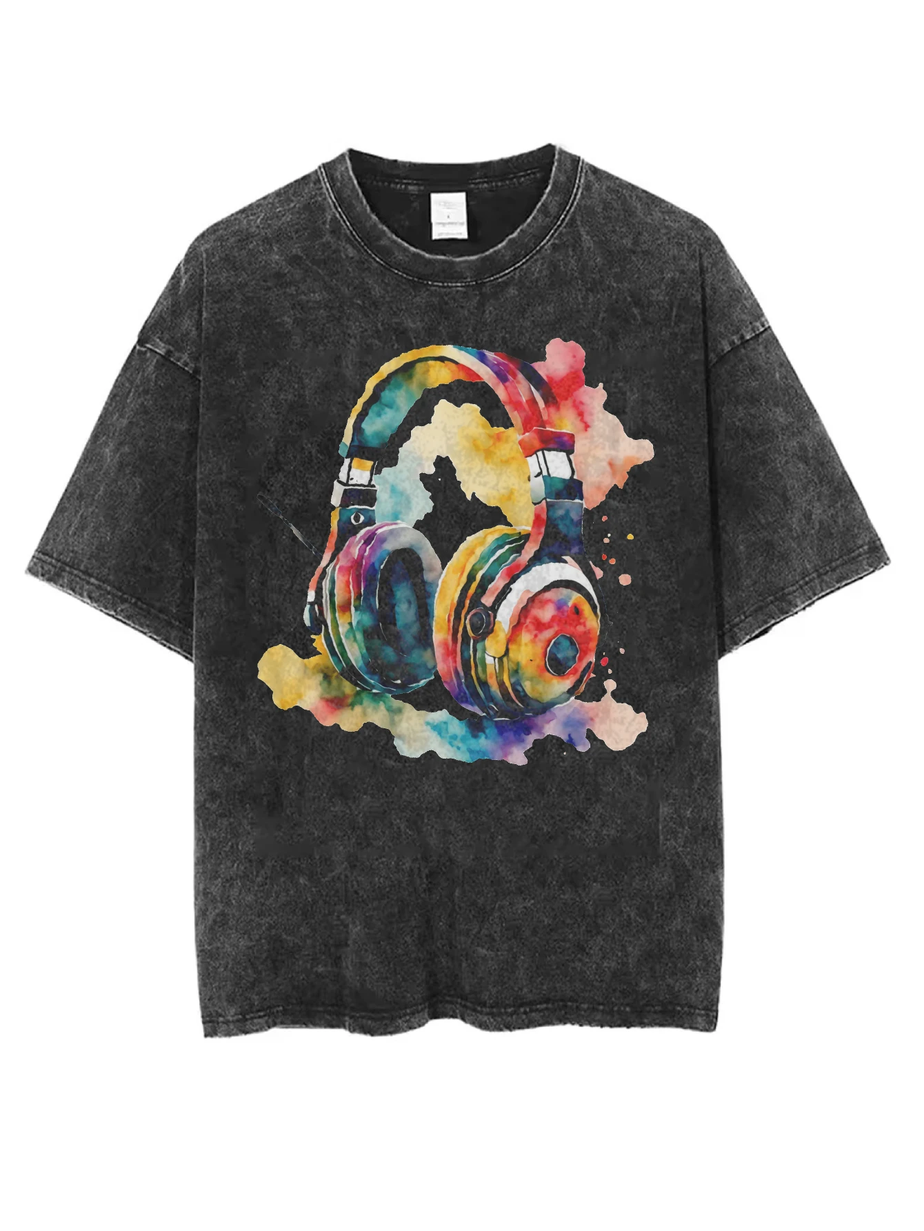 

Starry Earphones Washed Black Round Neck T-Shirt Comfortable Loose Fit Perfect for Men Women Christmas Winter