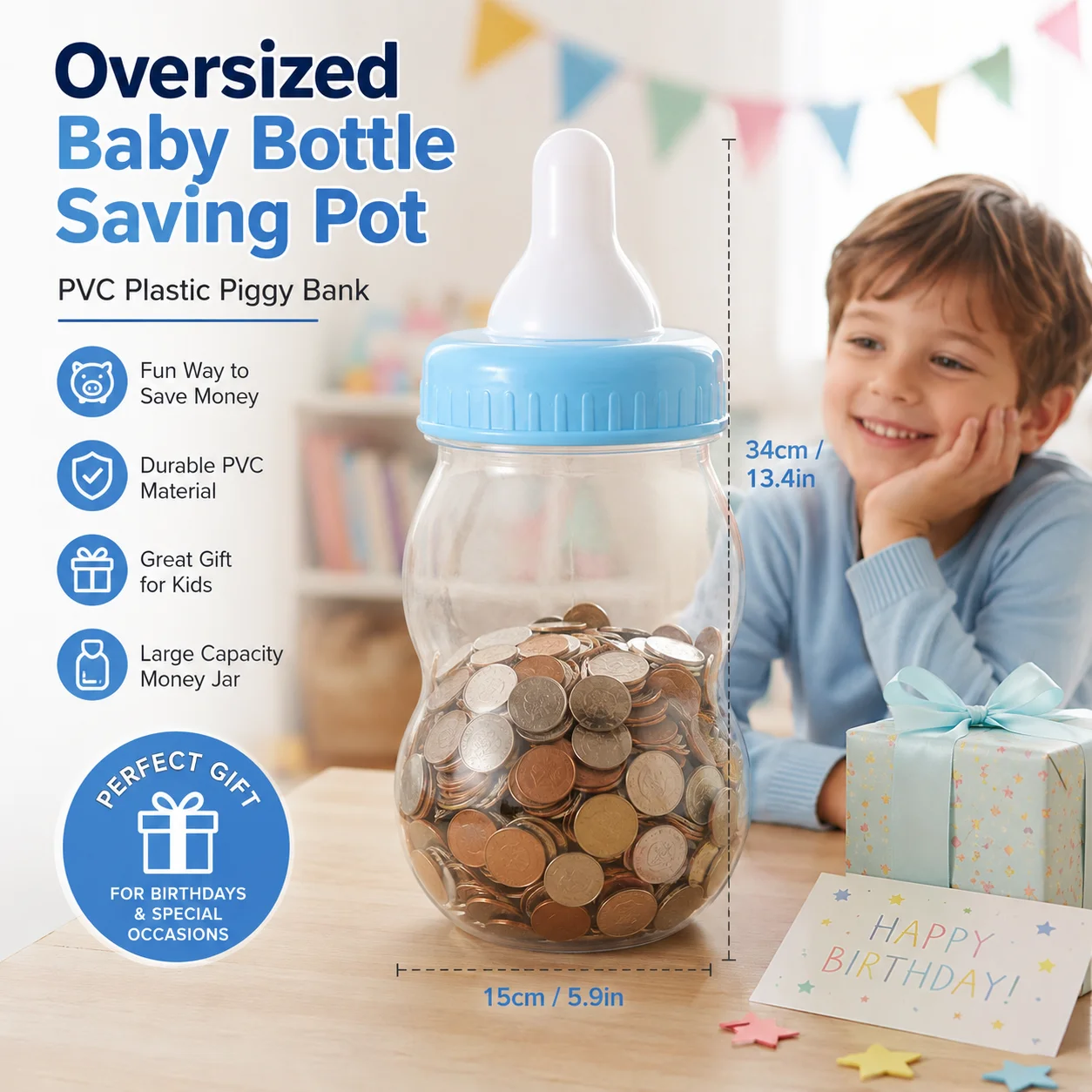 Oversized Milk Bottle Money Jar Coin Saving Pot Pvc Plastic Piggy Bank Desktop Decoration Money Coin Storage Holder 15x 15x 34cm