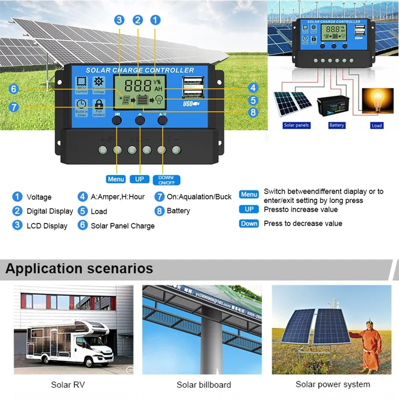 ตัวจับเวลา10A เครื่องควบคุมการชาร์จพลังงานแสงอาทิตย์12V/24V PWM ปรับได้20A 30A หน้าจอ LCD