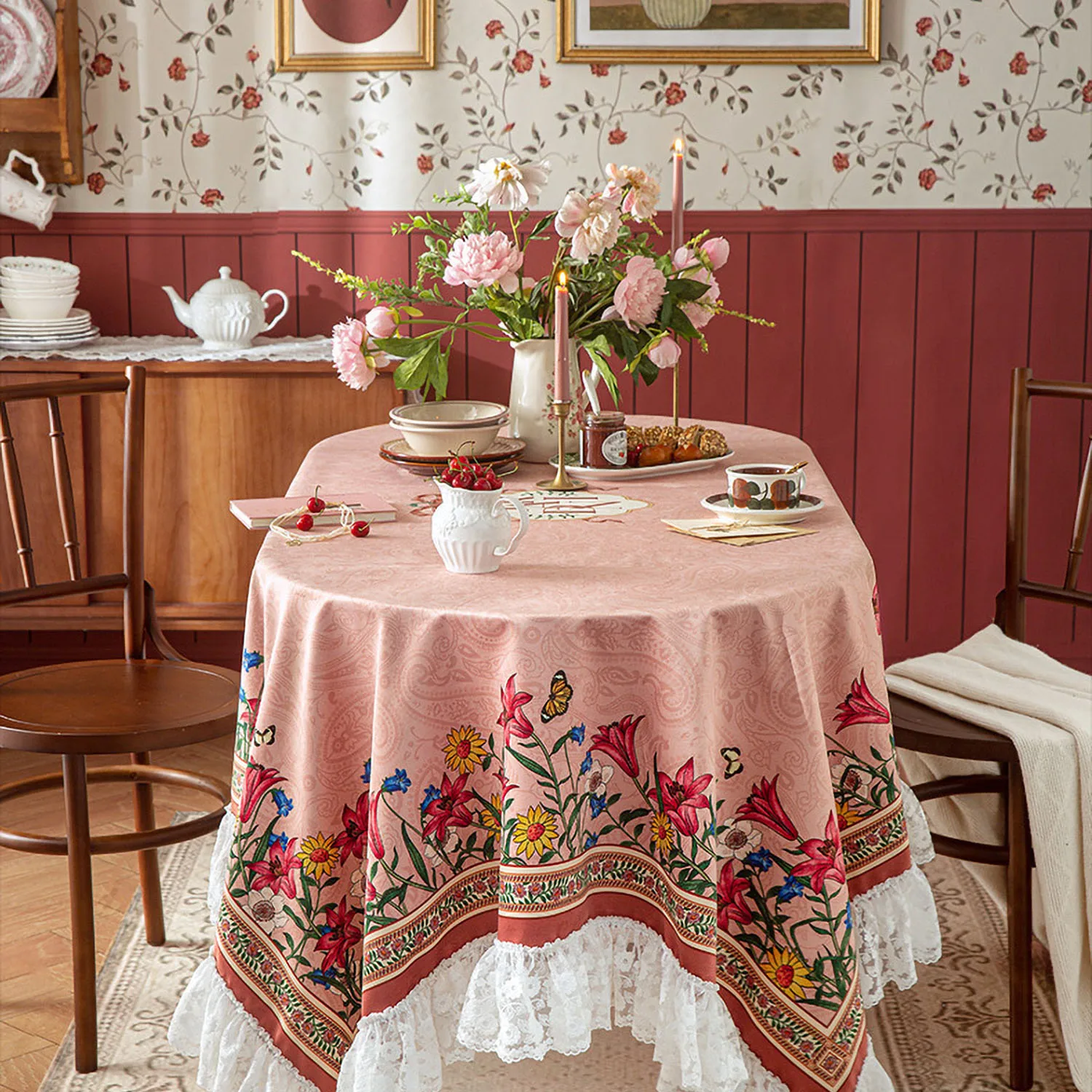New French Country Style Short Plush Lace Table Cloth Luxury Pink Table Decoration and Accessories Romantic Pattern Restaurant