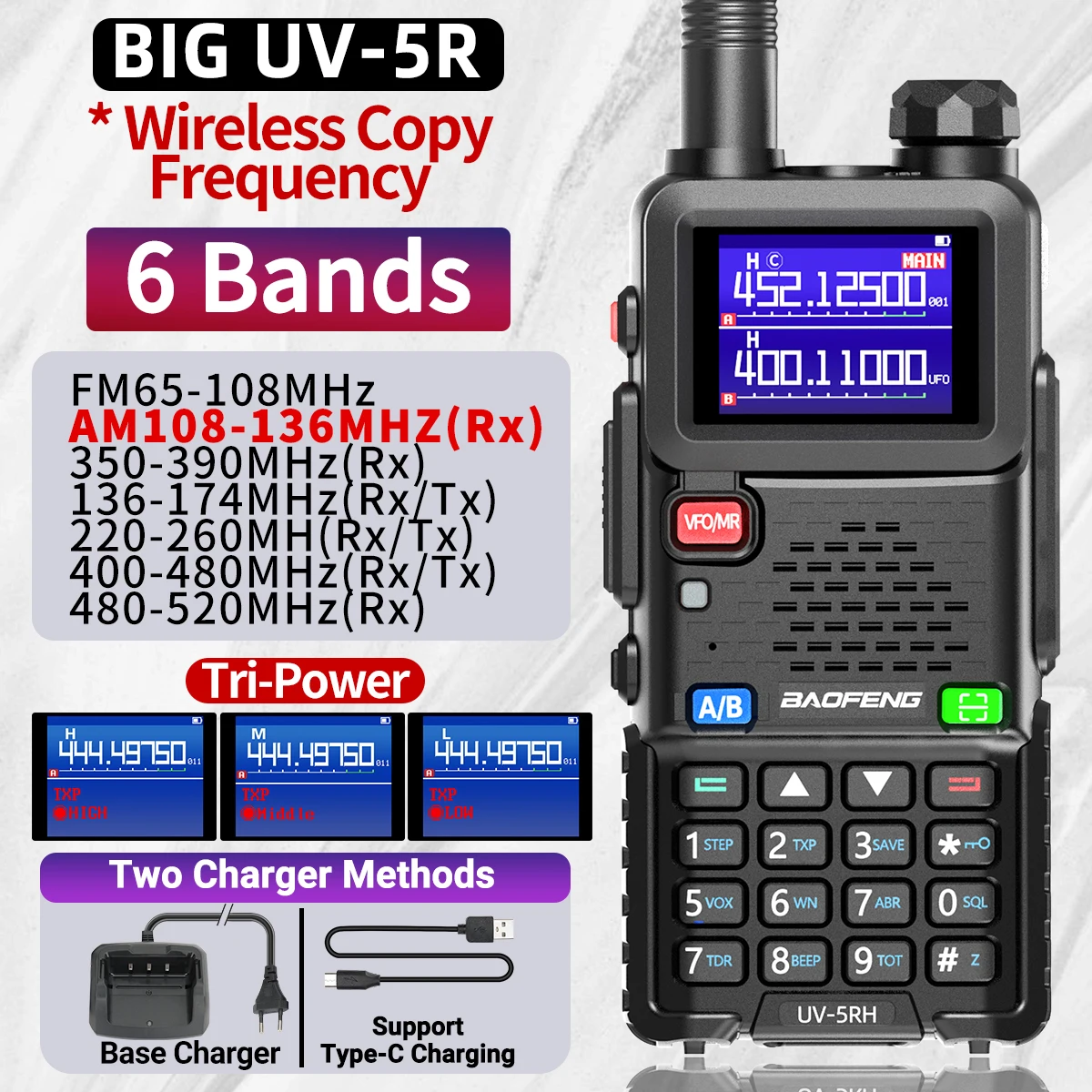 UV-5RH Pro Max Baofeng Walkie Talkie 3800mAh Battery USB-C 14.5W Six Bands Wirless Copy Frequency 999 CH Ham Radio Update UV-5RH