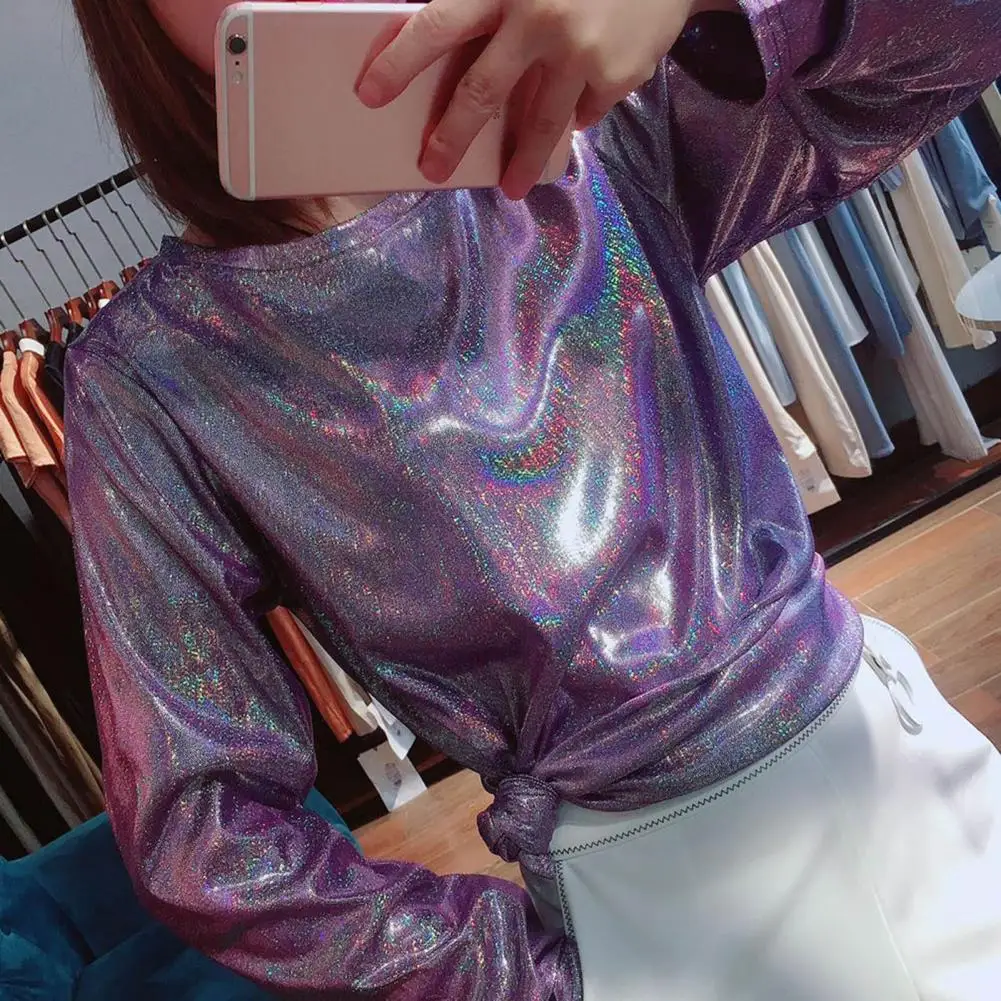 Femmes paillettes T-shirt coupe ample à manches longues scintillant réfléchissant T-shirt brillant embelli hauts pullover tenue de club dame vêtements