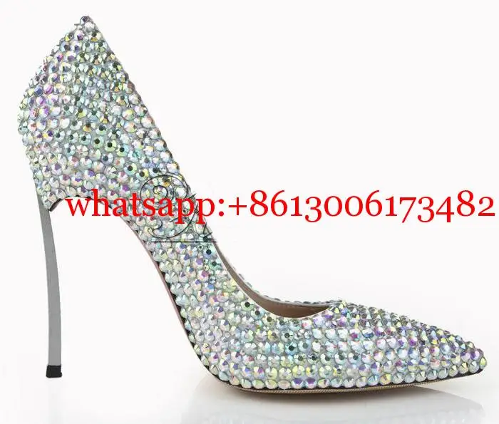 Luxury Bling Bling Crystal Pointed Toe Pumps Silver Blade Heels Women Party Dress Shoes Sexy Slip-On Wedding Bride High Heels