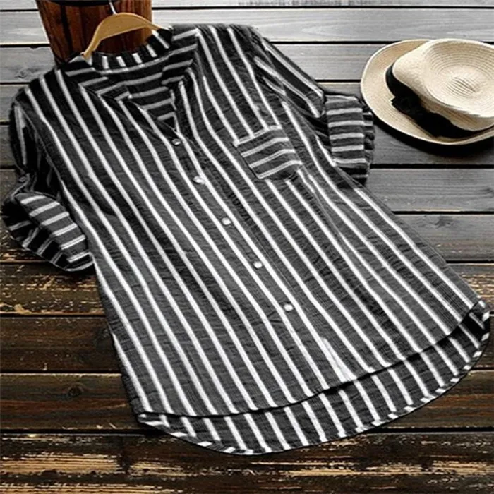 

Women's Big Size Blouse 209 Ladies irt Fem Tops Commute Sle Stripe Pattern Button Closure Regular Sve Length