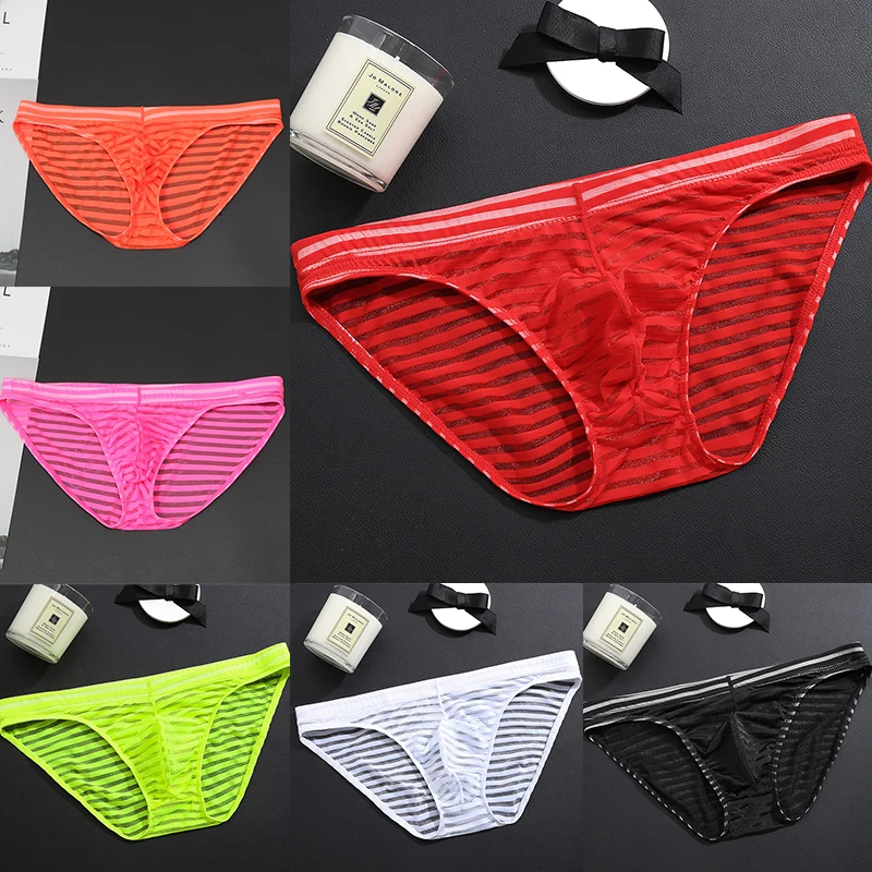 Men Low Waist Ultra-Thin Transparent Mesh Bulge Pouch Underpants Breathable Cool Summer Ice Silk Underwear Boxer Briefs Panties