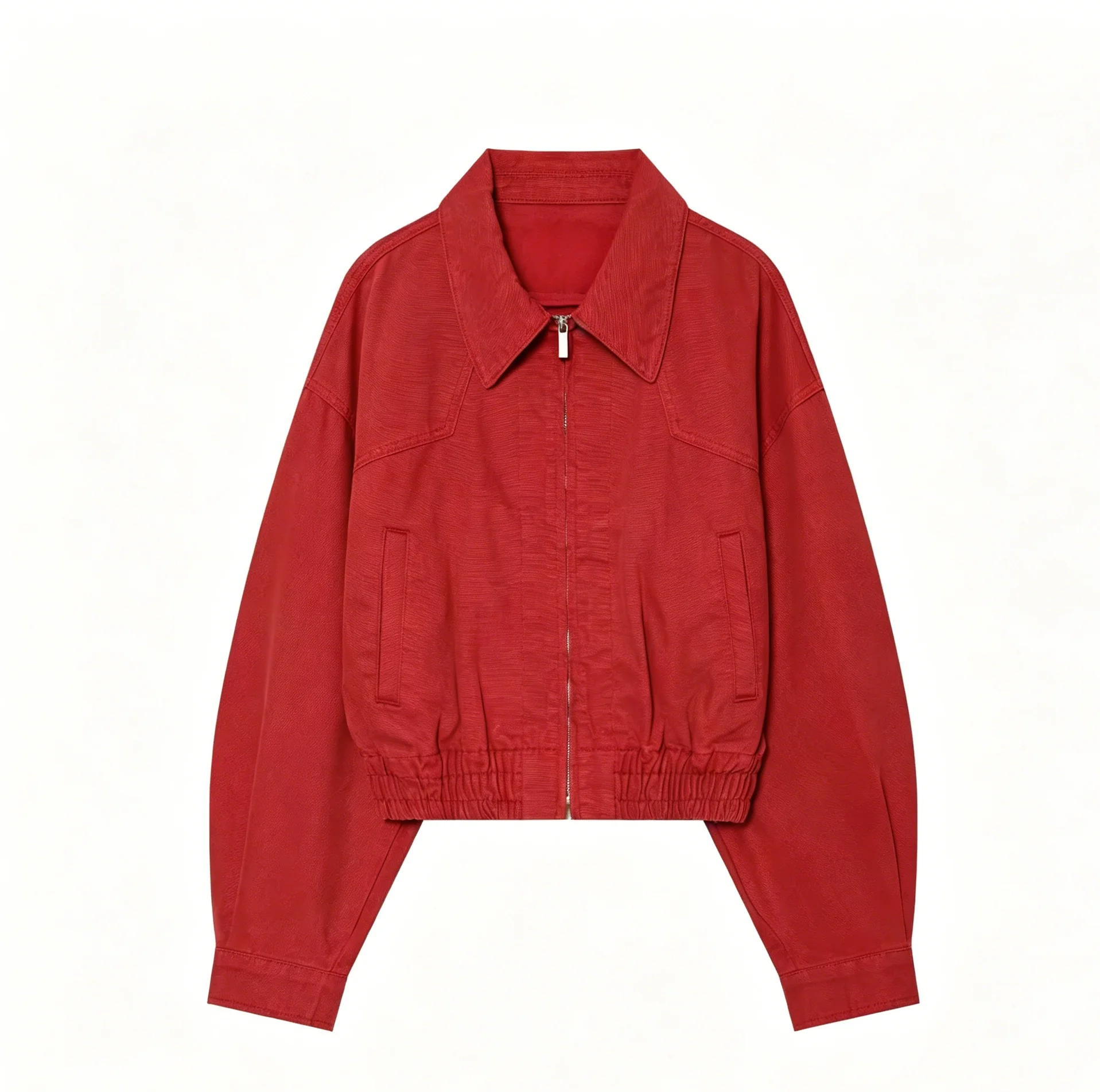 

Retro Red Canvas Cropped Bomber Jacket Point Collar Full Zip Elastic Waistband Drop Shoulder Loose Vintage Casual Outerwear