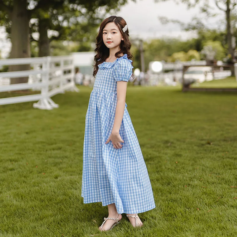 

New girls' off-shoulder dress, summer long dress, short-sleeved formal dress for older children, casual wear