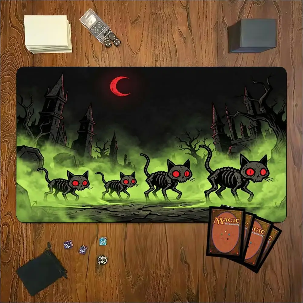 TCG Playmat Large Tabletop Mat Halloween Skeleton Black Cat Rubber Non Slip Board Game Pad Trading Card Accessory For Card Game