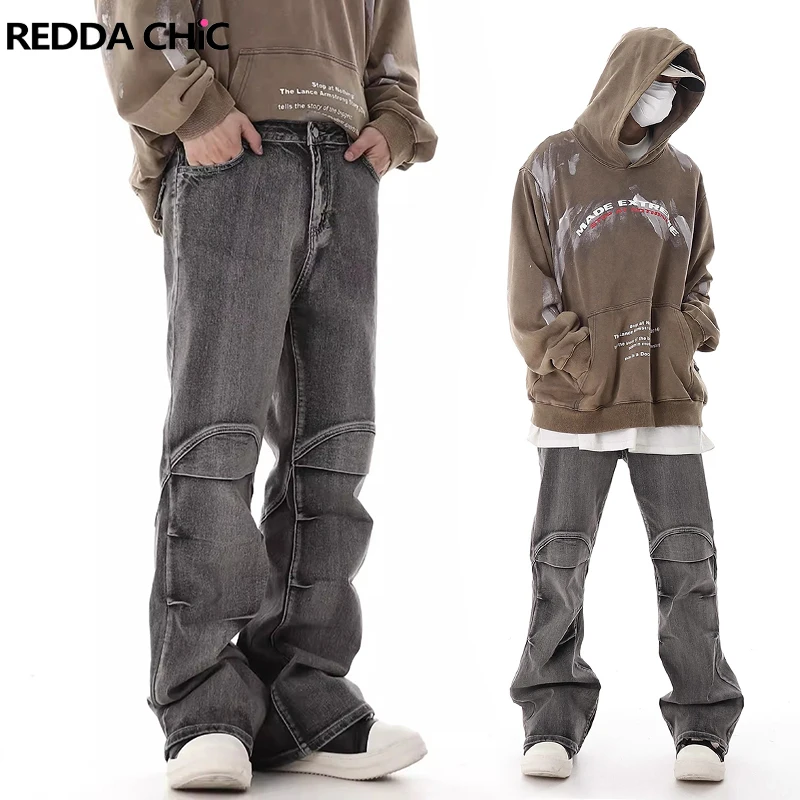 ReddaChic Retro Gray Wash Pintuck Baggy Jeans Men Acubi Fashion Low Waist Wide Leg Y2k Pants Hiphop Trousers Harajuku Streetwear