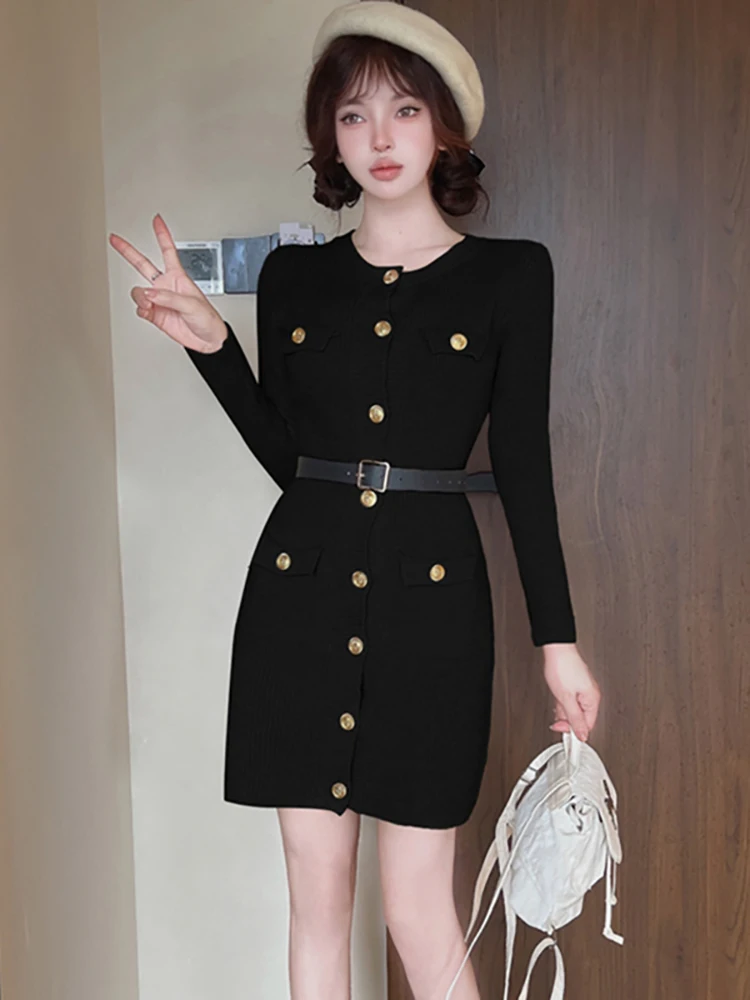 Outono inverno preto de malha único breasted mini vestido feminino elegante casual bandage vestido 2025 moda coreana chique vestidos de festa