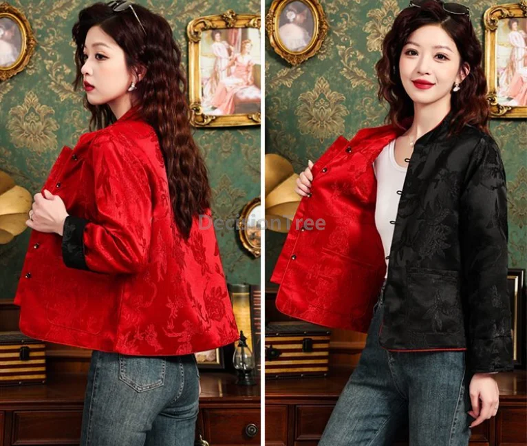Spring Classical reversible jacquard chinese style tang suit top red black stand collar disc buckle coat daily leisure coat