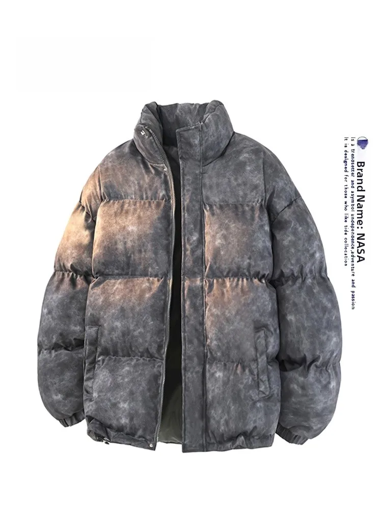 Męska kurtka zimowa w stylu retro tie-dye, wykonana ze skóry, bawełny i poliestru, ocieplana, ciepła, w stylu chlebaka, modna, zapinana na zamek.