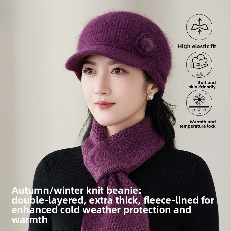 Rabbit Fur Knitted Wool Hat Female Middle-aged and Elderly Mother Hat Warm Ear Protector Fleece Cap Versatile Windproof Hat