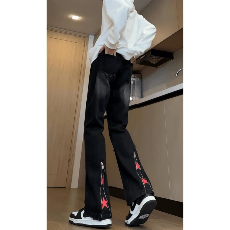 American High Street Vibe Zipper Black Slim Fit Men's Jeans Design Sense Straight Knife Flared Pants Casual Wear All Seasons