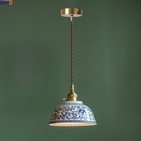 IWHD White Blue Ceramic LED Pendant Lamp Living Dining Room Decoration Items Retro Gold Brass Hanging Light Luminaire Suspension