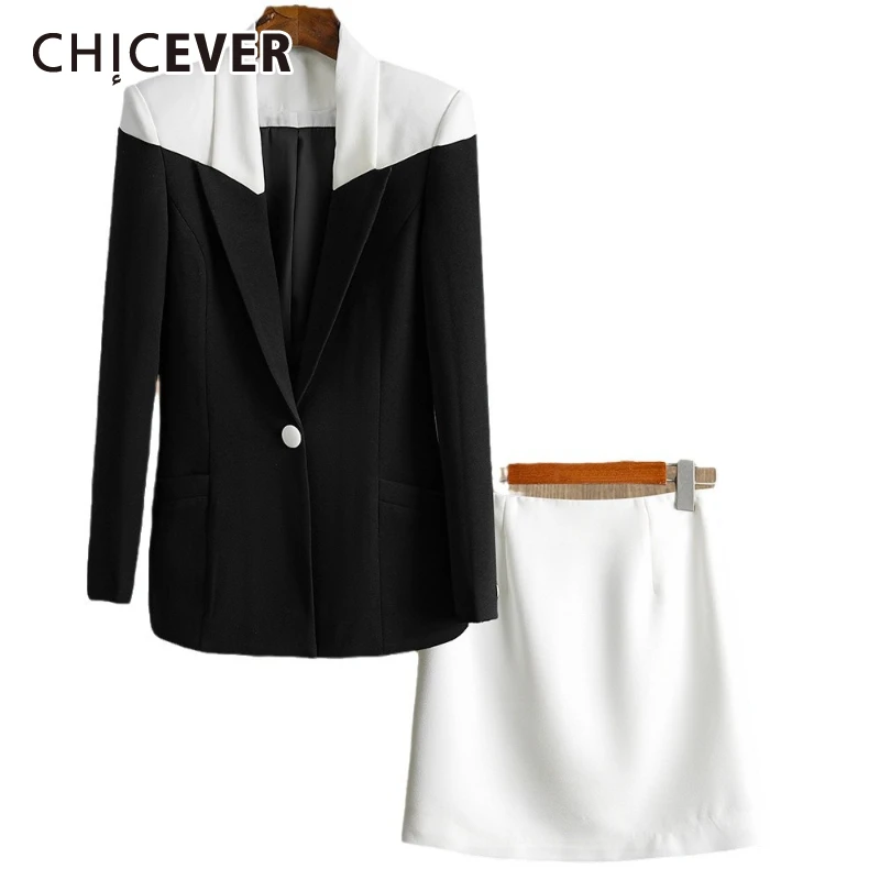 

CHICEVER Minimalist Two Piece Set Notched Collar Long Sleeve Spliced Single Button Blazer White Mini Skirt Office Outfit Female