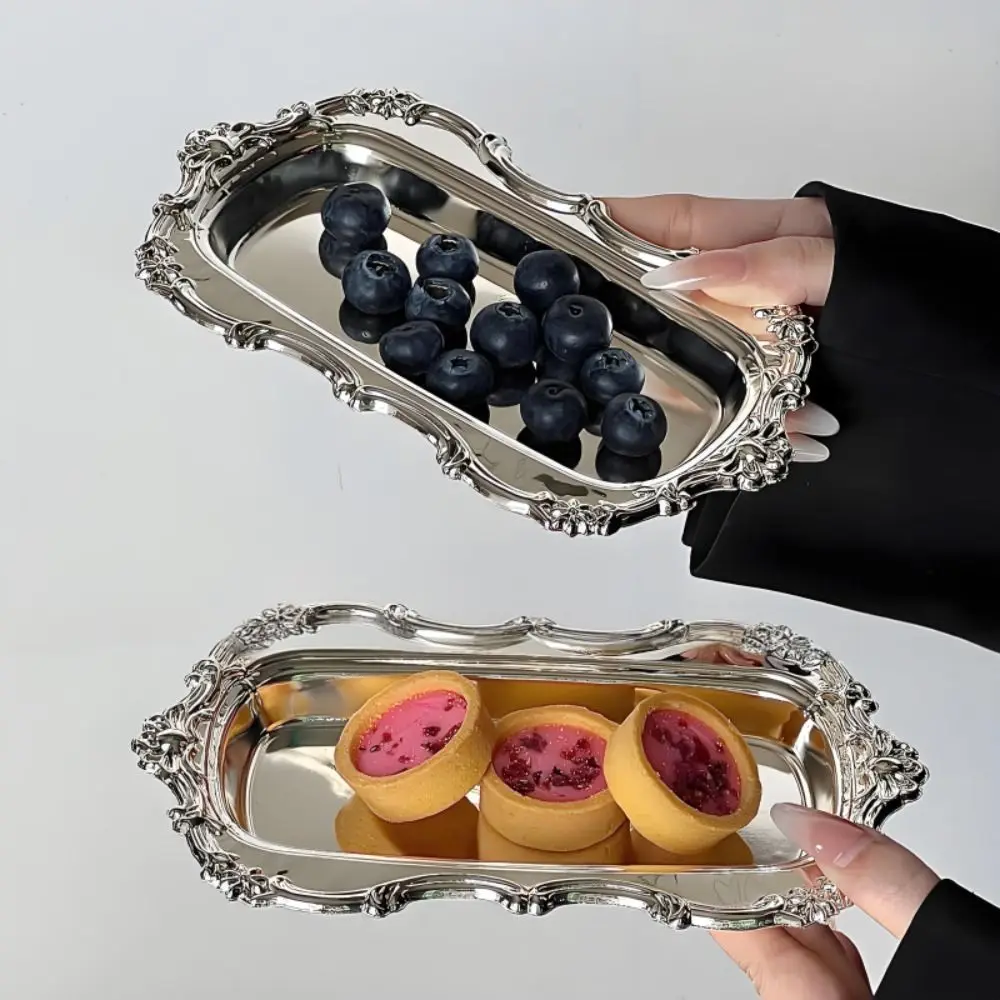Bandeja Vintage de acero inoxidable, plato de postre en relieve, espejo, cara, joyería, plato de almacenamiento, decoración del hogar