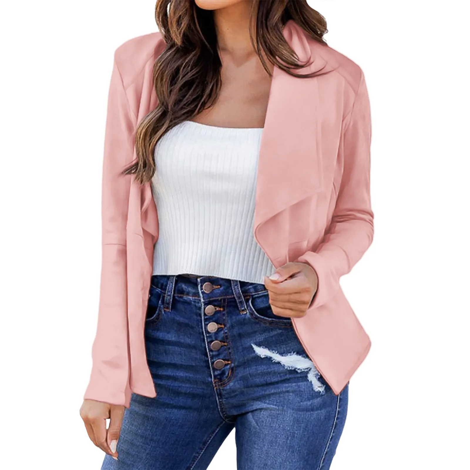 Women Fashion Solid Color Jacket Coats Casual Full Long Sleeve Cropped Outerwear Tops Ladies Basic Cropped Coat Fashion Cardigan