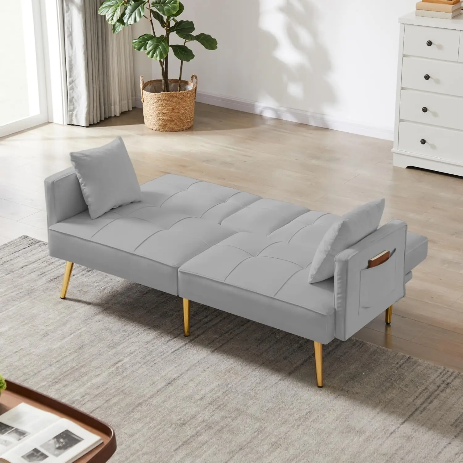 أريكة سرير نهاري قابلة للتحويل - سرير أريكة حديث من قماش الكتان مع حاملين أكواب ومساند للذراعين قابلة للإزالة، حب متعدد الوظائف