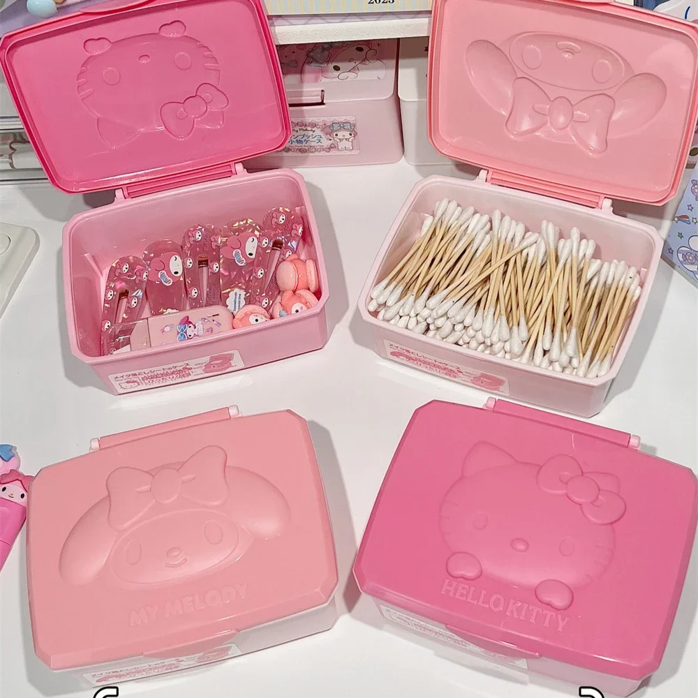 Miniso Sanrio Hello Kitty My Melody Storage Box Cartoon Flip Up Jewelry Cotton Sticks and Miscellaneous Storage Box Girl Gift