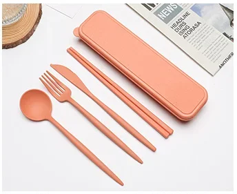 Wheat Straw Portable Tableware Picnic Set Eco Friendly Camping Cutlery With Case Fork Spoon Camping Tableware Picnic Cutlery Set