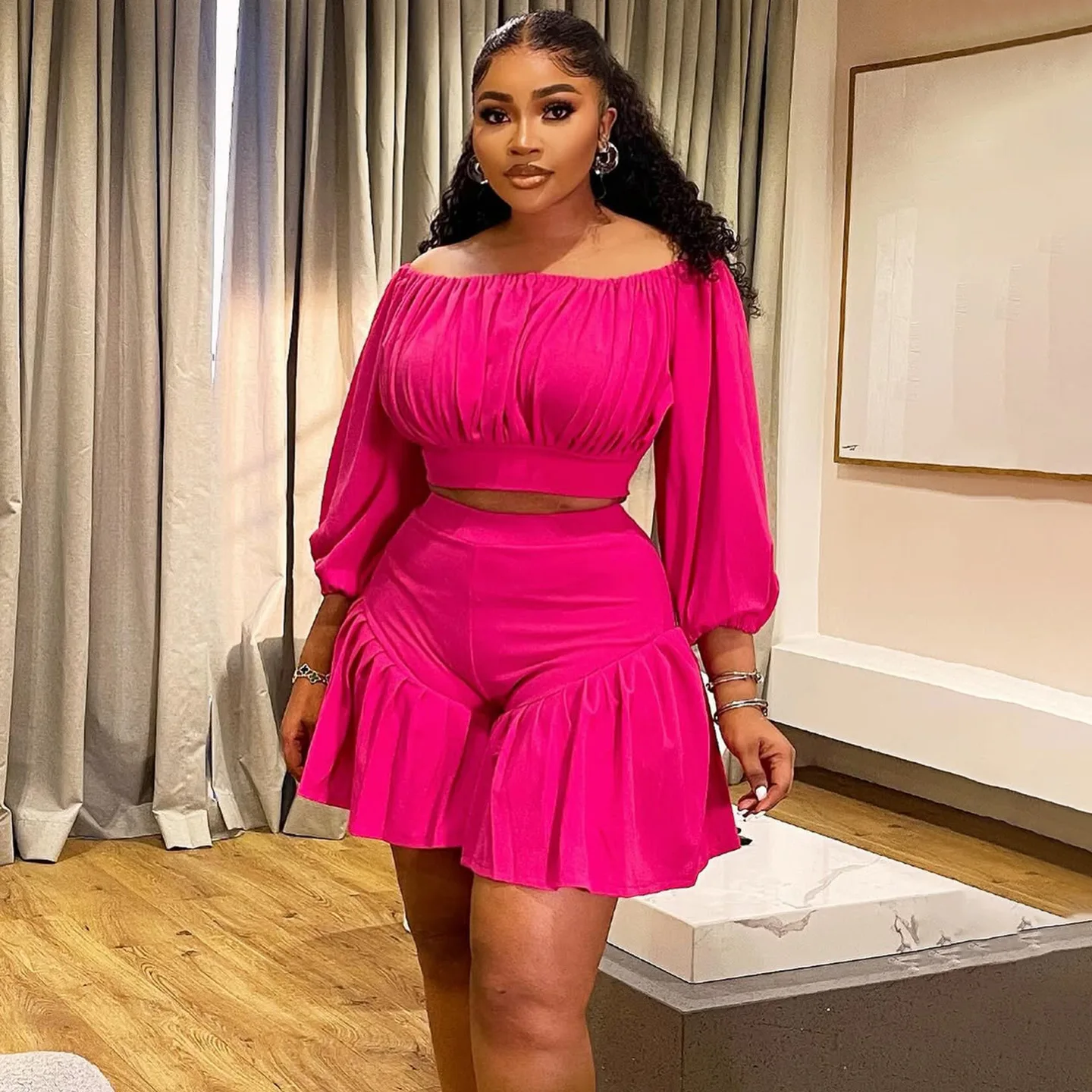 

Women's New Pleated One-word Collar Fluffy Waist Casual Two-piece Set
