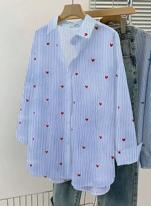 

Striped Long Sleeved Shirt for Women, 2025 Autumn Commuting Style Blue Shirt Cardigan
