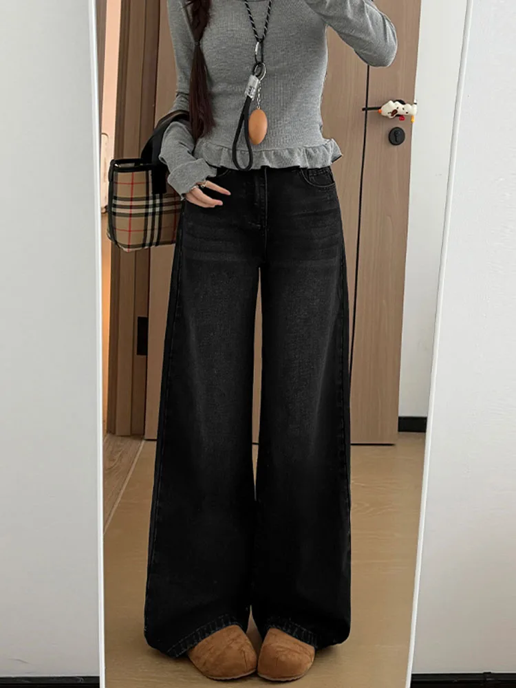 

Джинсы прямого кроя с подкладкой для полных женщин, брюки-клеш, повседневные, с высокой талией, широкие штанины, стройнящие, для фигуры типа «груша»...