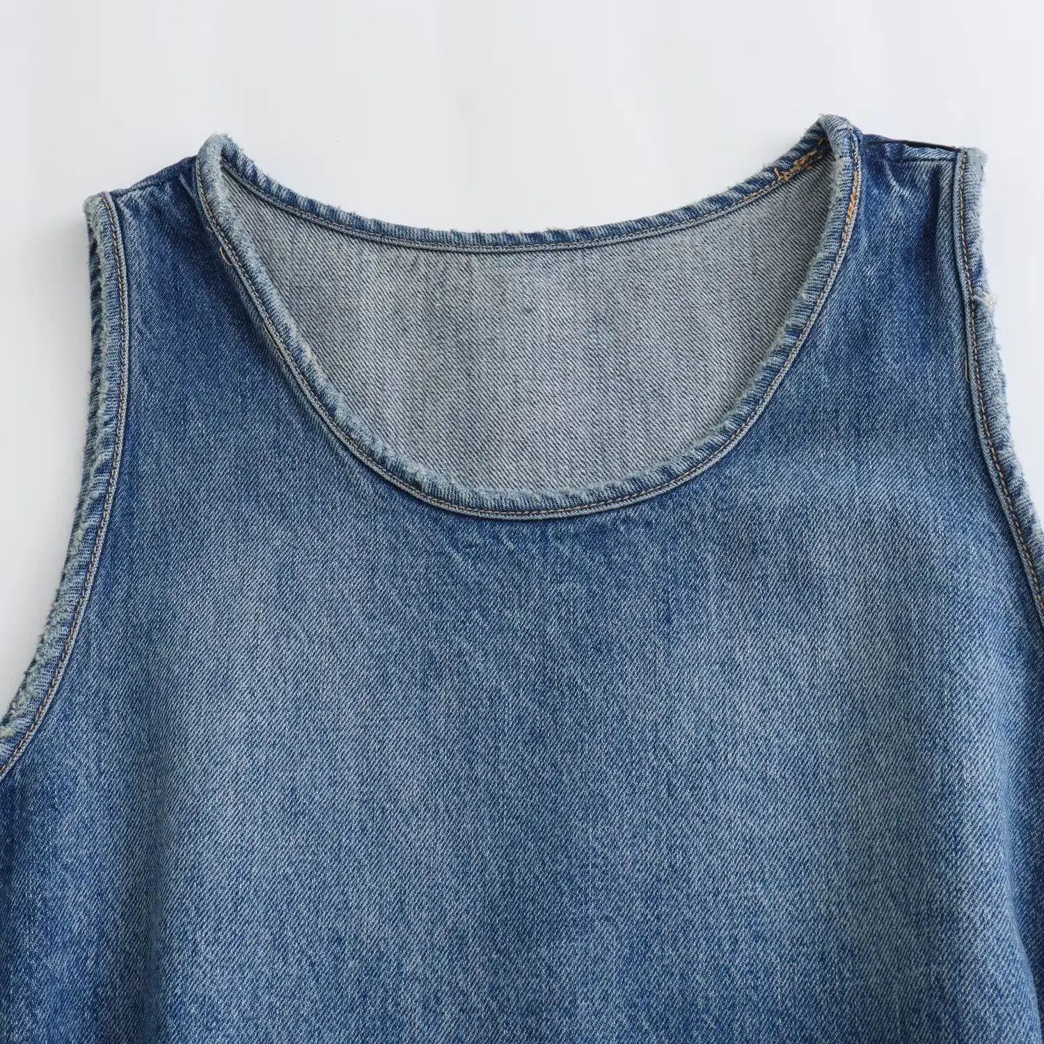 Tangada 2024 Women Blue Denim Tanks Tops With Slash Sleeveless Blouse Shirt 6X0208