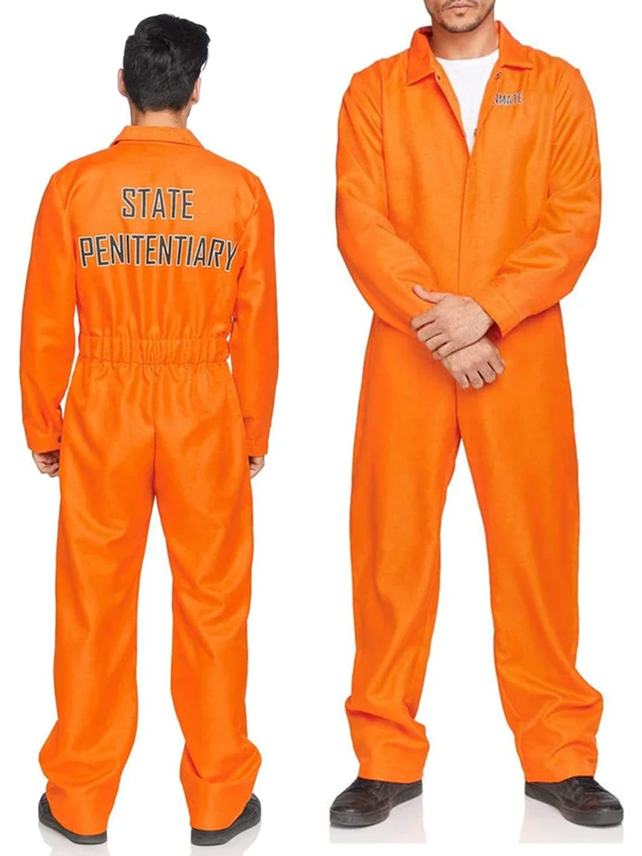 Costume de cosplay de prison orange pour hommes et femmes, lettre imprimée, manches longues, tenue de fête d'Halloween