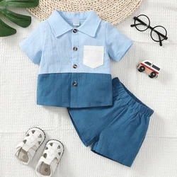 0-3Years Toddler Baby Boy Blue Color Matching Short Sleeved Shorts 2PCS Set Fashion Handsome Leisure Style Birthday Party Outfit