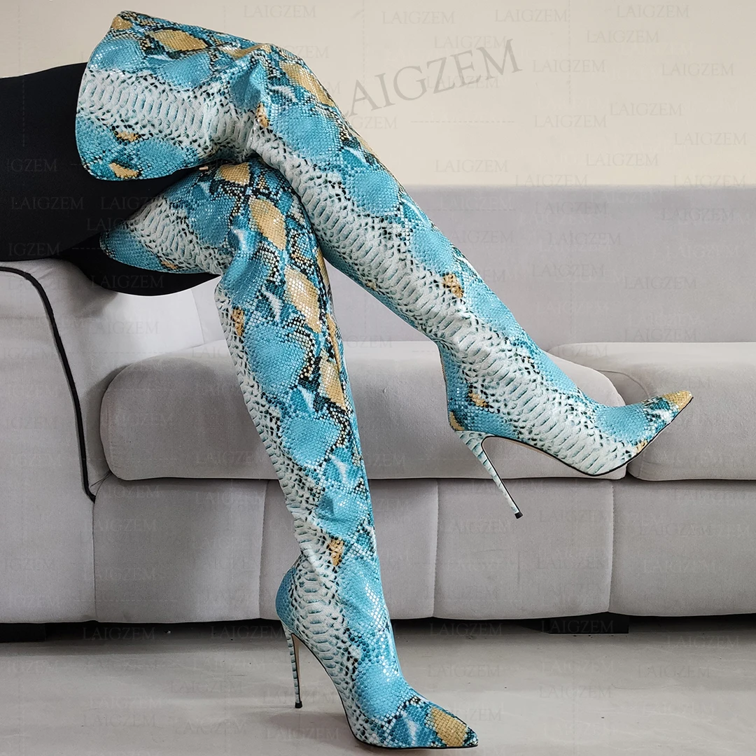 

LAIGZEM Женские сапоги выше колена Stietto Высокие сапоги до бедра на высоком каблуке Stiefel Женская обувь ручной работы Женский большой размер 37 42 45