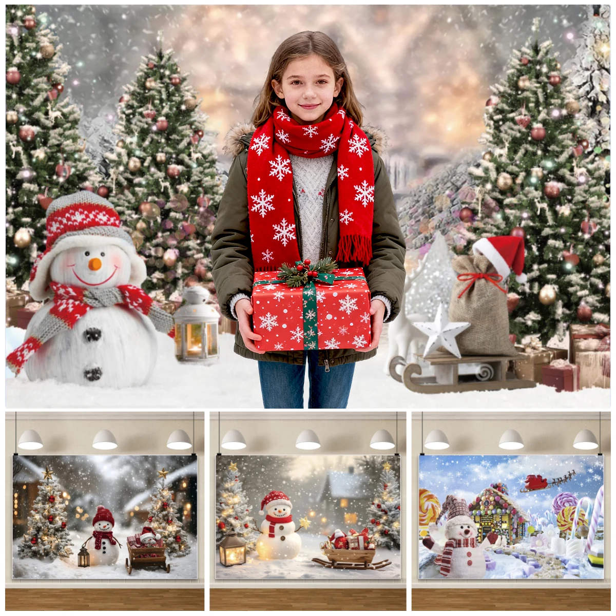 

Winter Christmas Decorations 2025 Backgrounds for Photographs Snowman Xmas Tree Gift Decor Kids Portrait Birthday Party Backdrop