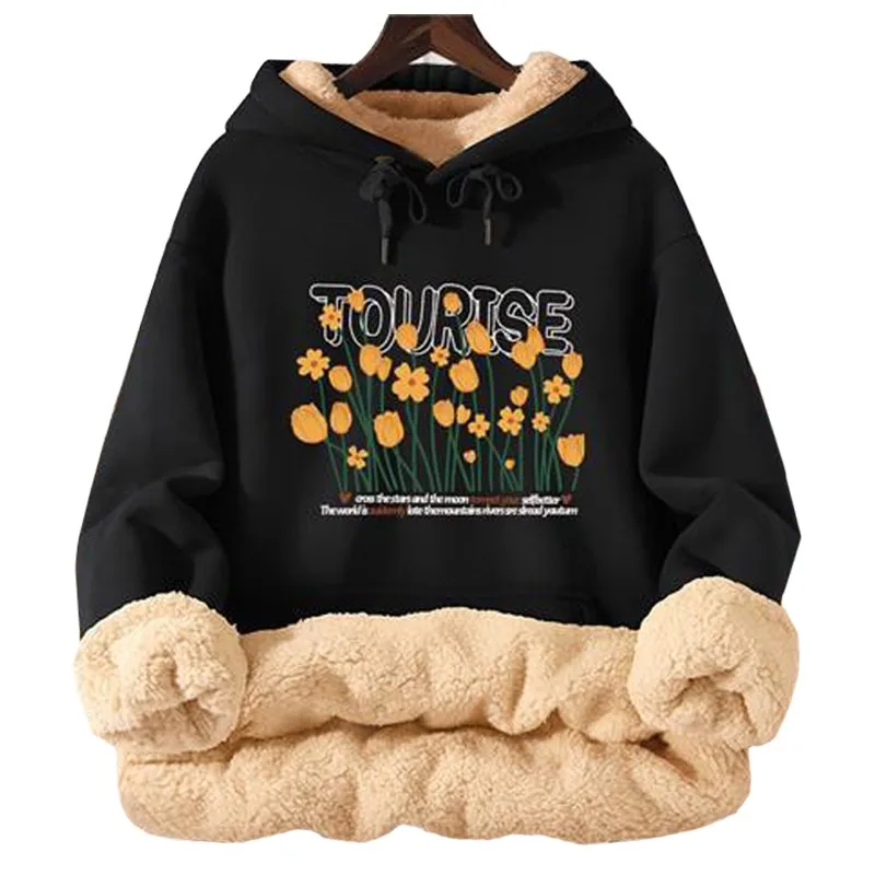 

Beautifully Printed Yellow Flowers Hoodies Woman's Winter Pullover Keep Warm Long Sleeves Composite Fleece Female Sweatshirt