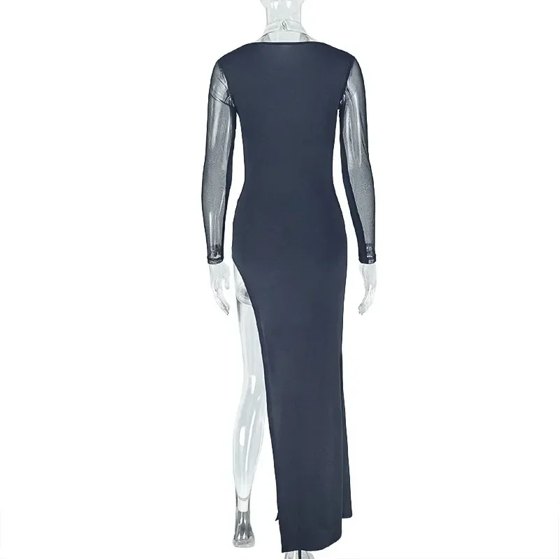 Abito lungo maxi midi con spacco laterale e colletto rovesciato a maniche lunghe in rete da donna 2025 Abiti da festa sexy per le vacanze di compleanno