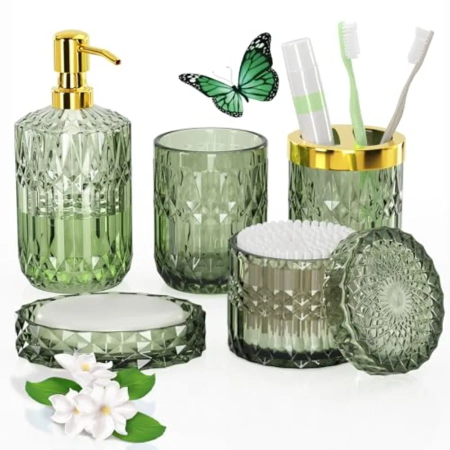 

Green Glass Bathroom Accessories Set 5 Pcs: Vintage-Style Bathroom Sink Set with Soap Dispenser Toothbrush Holder Qtip Holder E