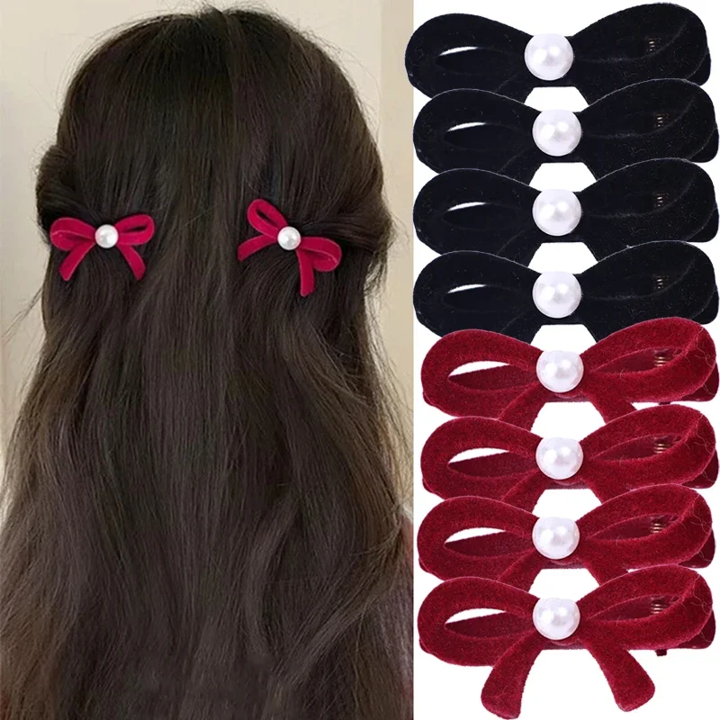 2-10pcs Korean Velvet Pearl Bow Hair Clip for Women Girls Vintage Black Red Wedding Hairpins Sweet Barrette Hair Accessories