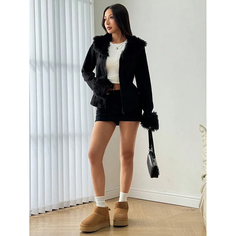 Solid Spliced Fur Chic Coats For Women Large Lapel Long Sleeves Slimming Fashionable Streetwear Cardigan Jackets Classic Tops ﻿